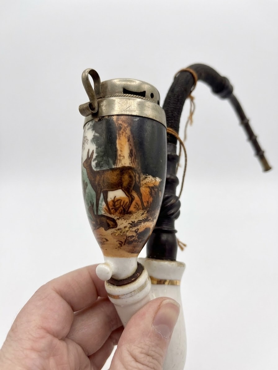 Antique German Porcelain Hunting Pipe, Hand-Painted Deer Scene, Gesteckpfeife