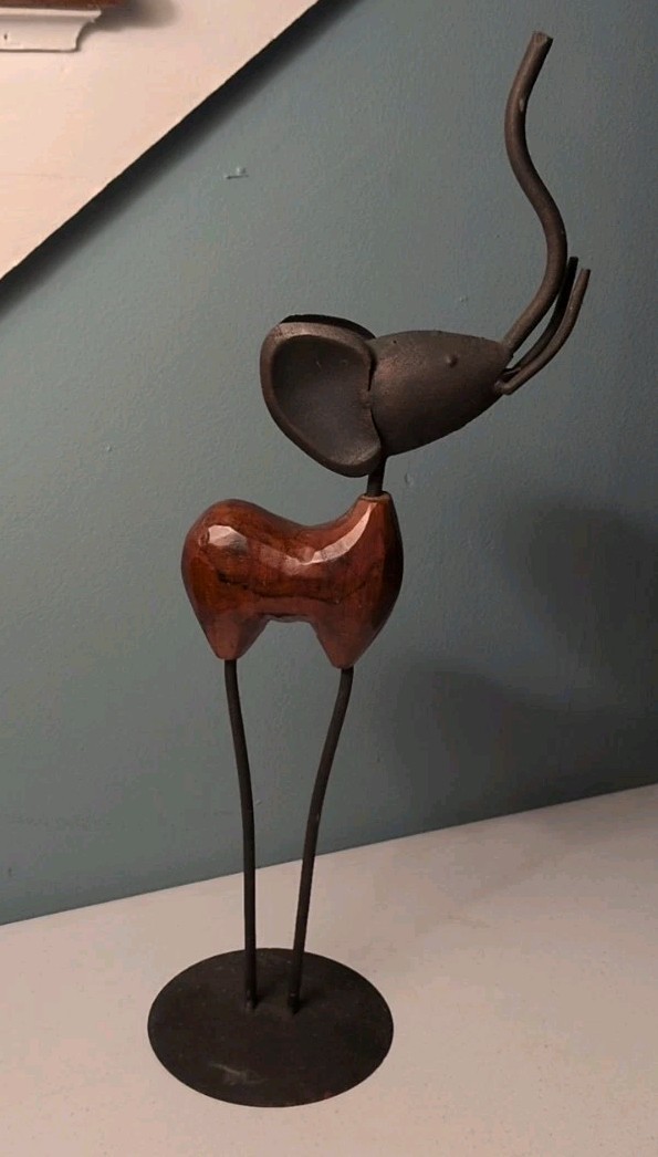 Handcrafted Abstract Elephant Sculpture metal and wood Trunk Up 19.5\