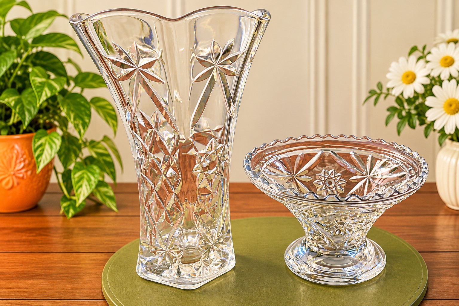 Vintage “Star of David” lead crystal glass vase, 10.25”  & Candy Dish 4.5\