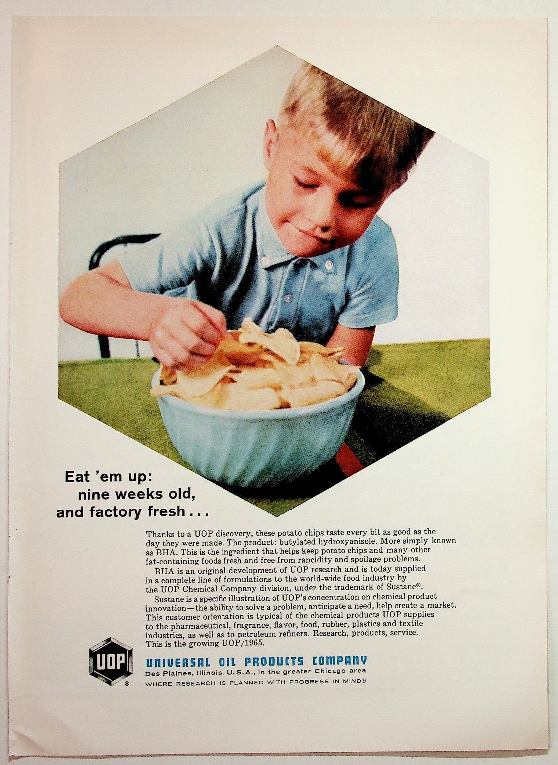 1965 UOP BHA Food Preservative Ad Boy Eating Chips Vintage Magazine Print