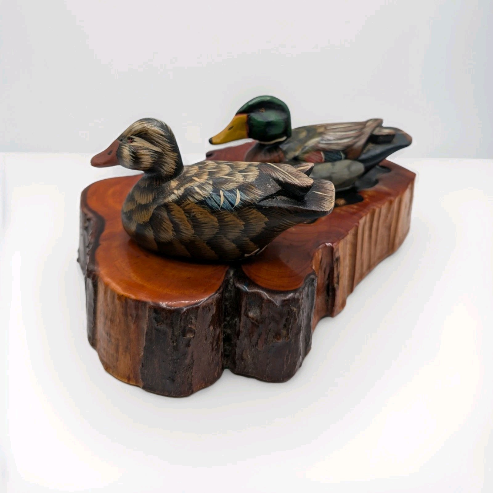 Vintage Folk Art Carved Wood Duck on Pond Slab Scuplture Hand Painted Humphrey 