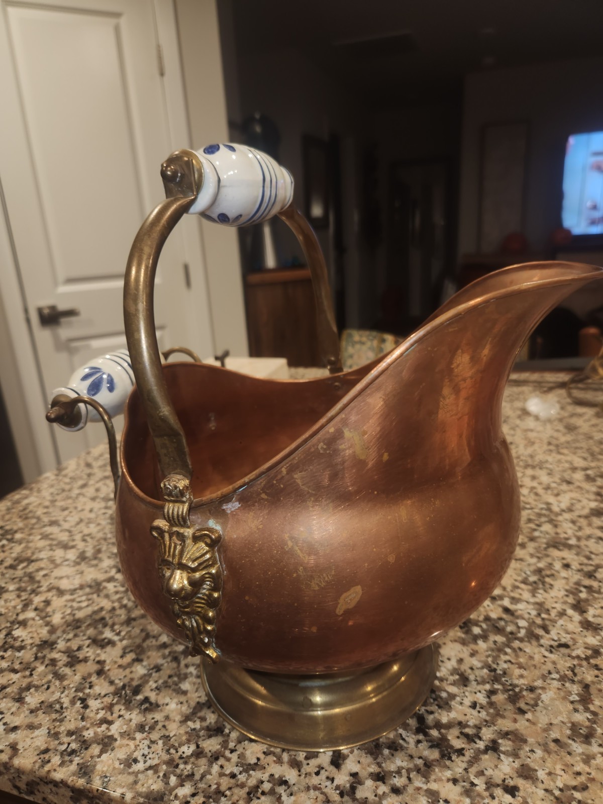 Vintage Copper Coal Ash Scuttle Bucket with Lion Head Ceramic, Blue Handles