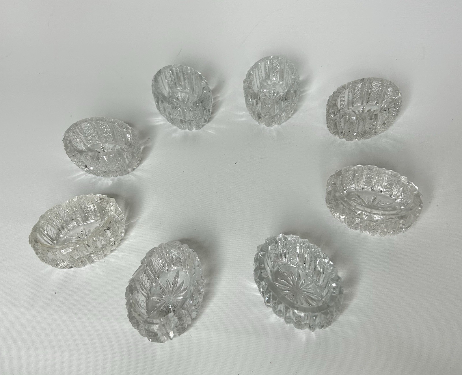 Antique Mardi Gras Clear Salt Cellar Dip Duncan & Miller Oval Pressed Set of 8