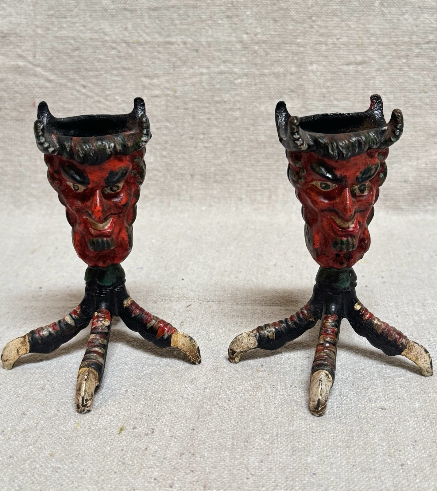 Pair Of Cast Iron Devil Satan Satanic Candle Holders