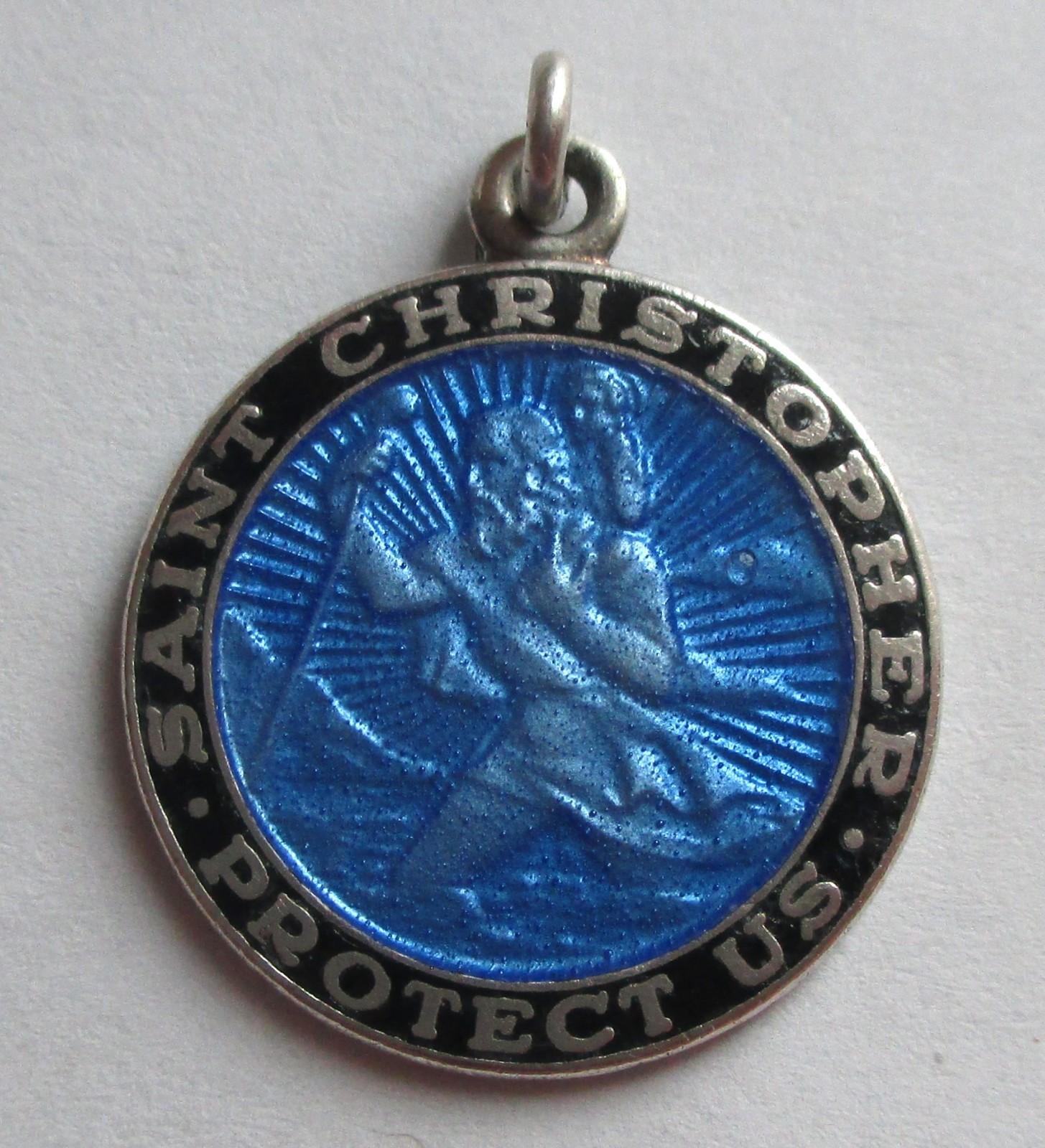 7/8in VINTAGE STERLING SILVER BLUE GUILLOCHE ENAMEL SAINT CHRISTOPHER MEDAL