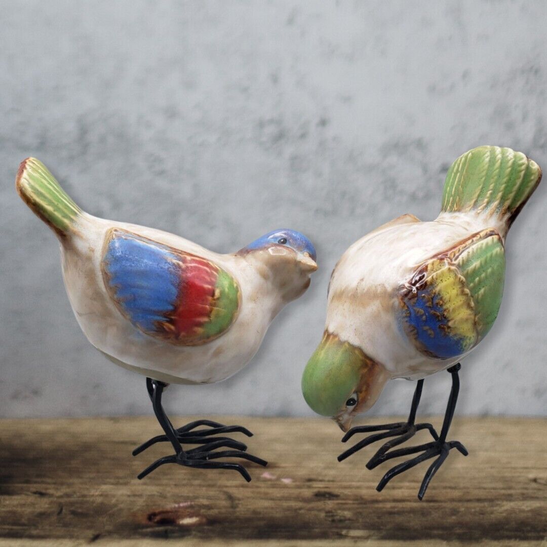 Colorful Ceramic Birds Standing Metal Feet Figurines Set of 2