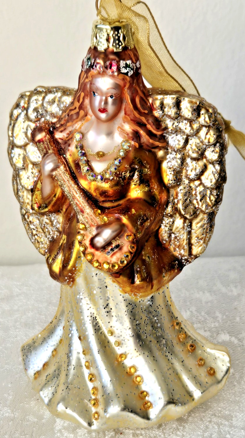 Elegant Jeweled Blown Glass Golden Christmas Angel Ornament