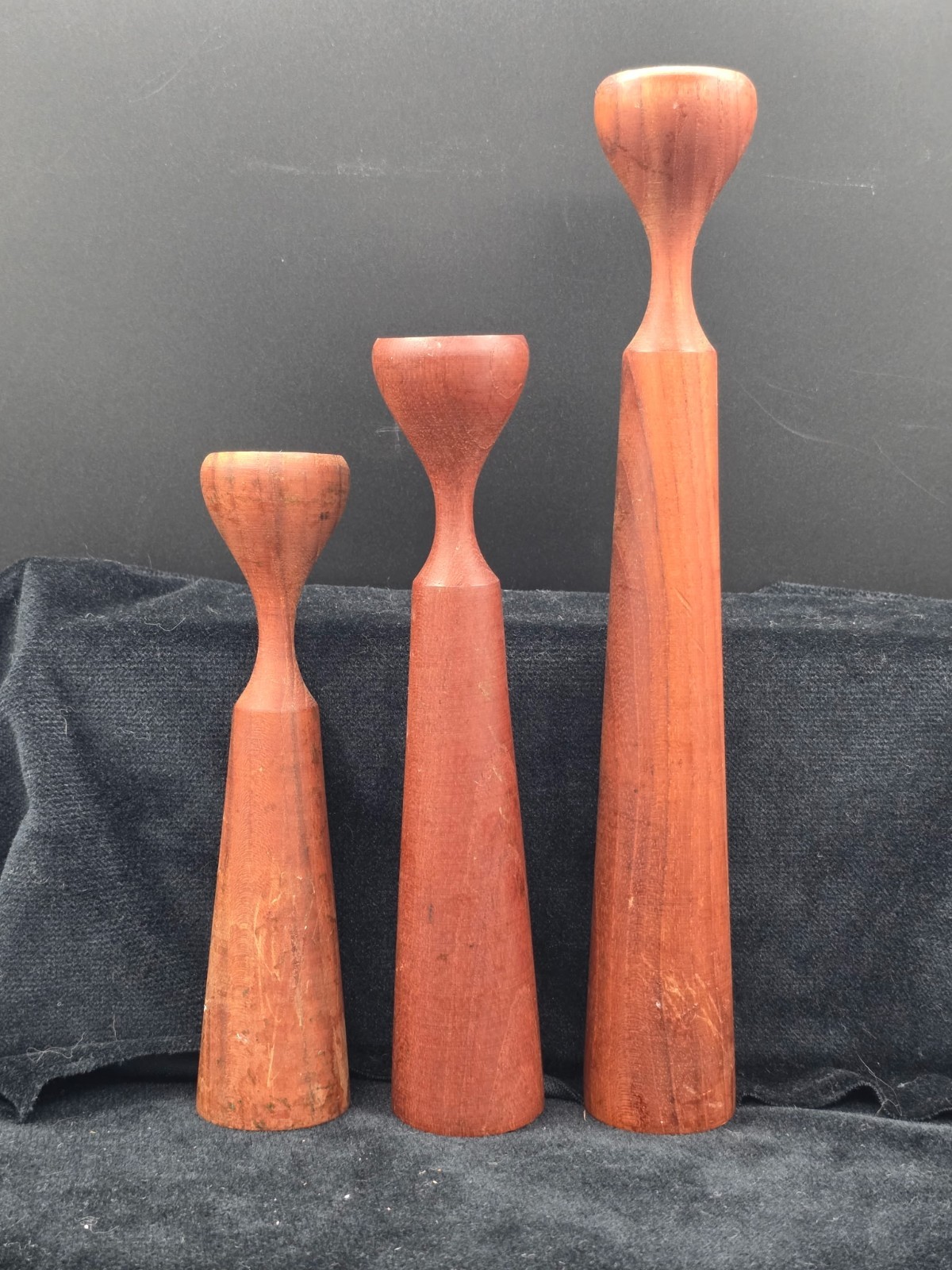 Vtg Set of 3 Midcentury Danish Modern Teak Wood Brass Tulip Candle Stick Holders