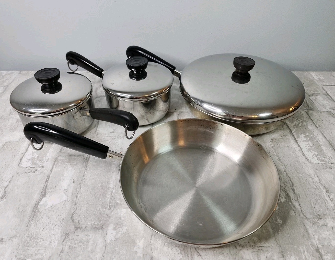 Vintage Revere Ware 1801 Stainless Steel Tri Ply Bottom 6 Pc Saucepans Skillets