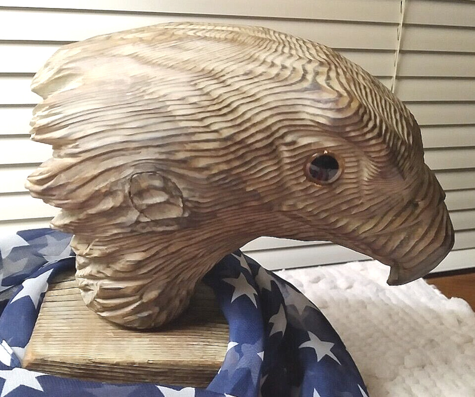 American Folk Art Eagle Head Skillfully Hand Carved Amazing Grain USA Pride