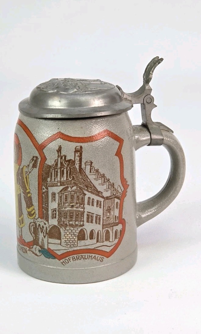 Vintage Hofbrauhaus Munchen Beer Stein Kunst und Bier Munich Pewter Lid 0.5L HB