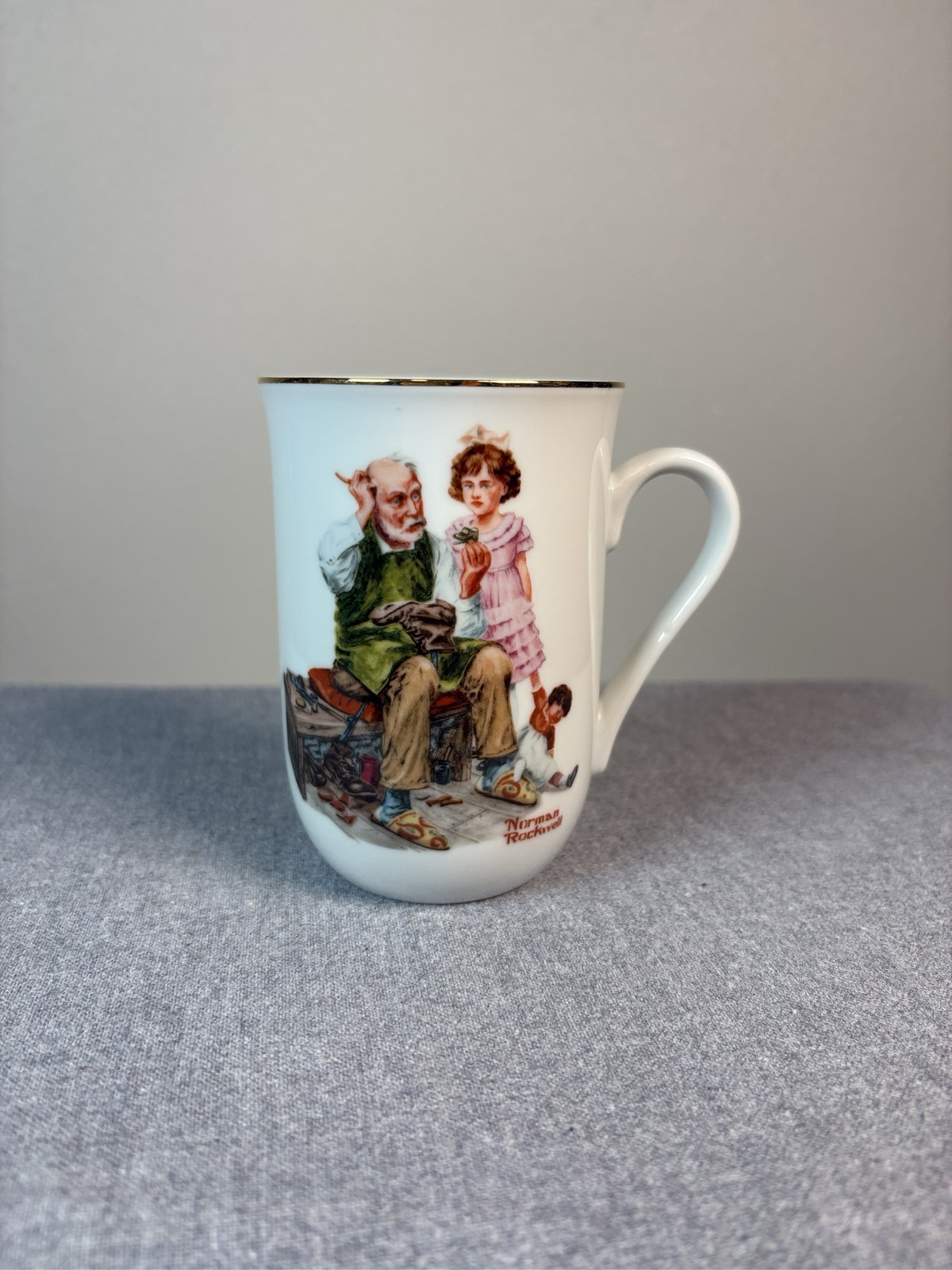 Norman Rockwell Museum The Cobbler Mug 1982 Porcelain Gold Trimmed