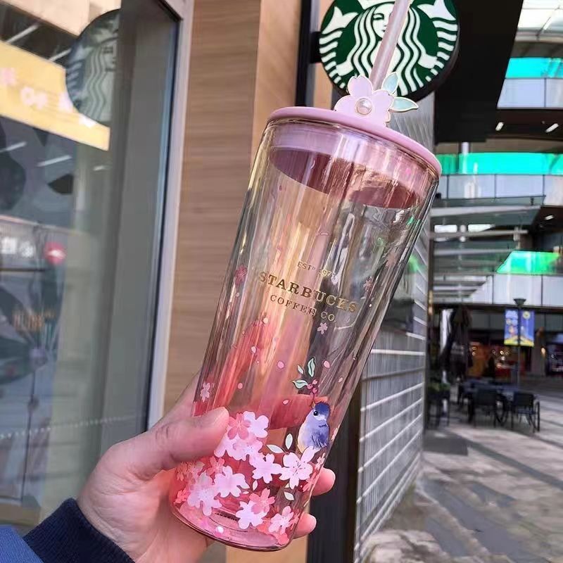 Hot China Starbucks 2022 Red Spring Flower Cute Rabbit 591ml Double Glass Cup