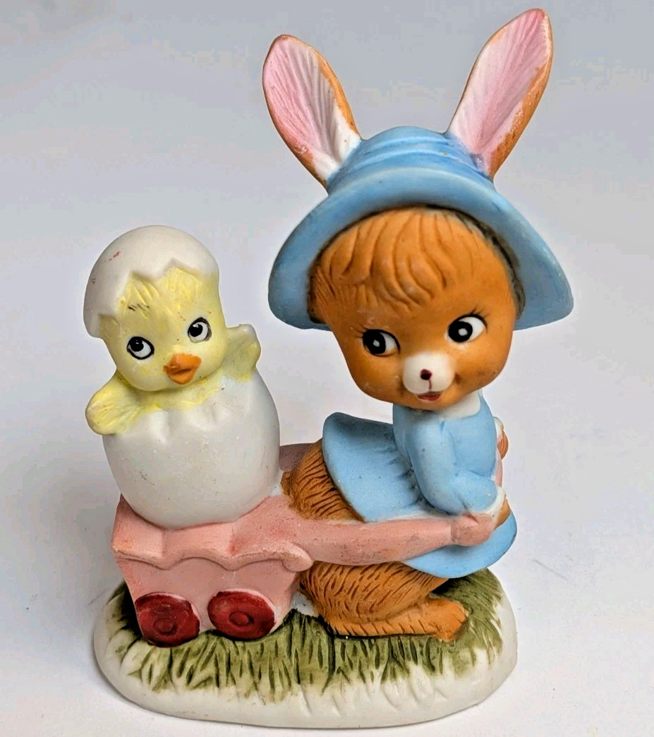 Vintage Lefton Porcelain Bisque Bunny Rabbit & Easter Chick Figurine 4”