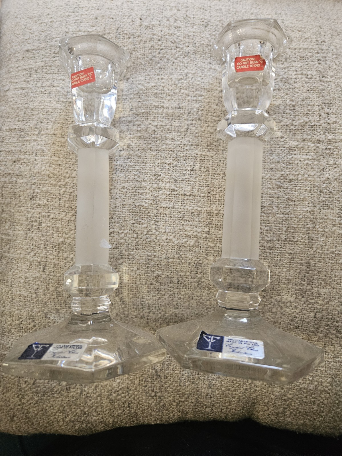 vintage pair of hexagonal crystal and frosted glass candlestick holders