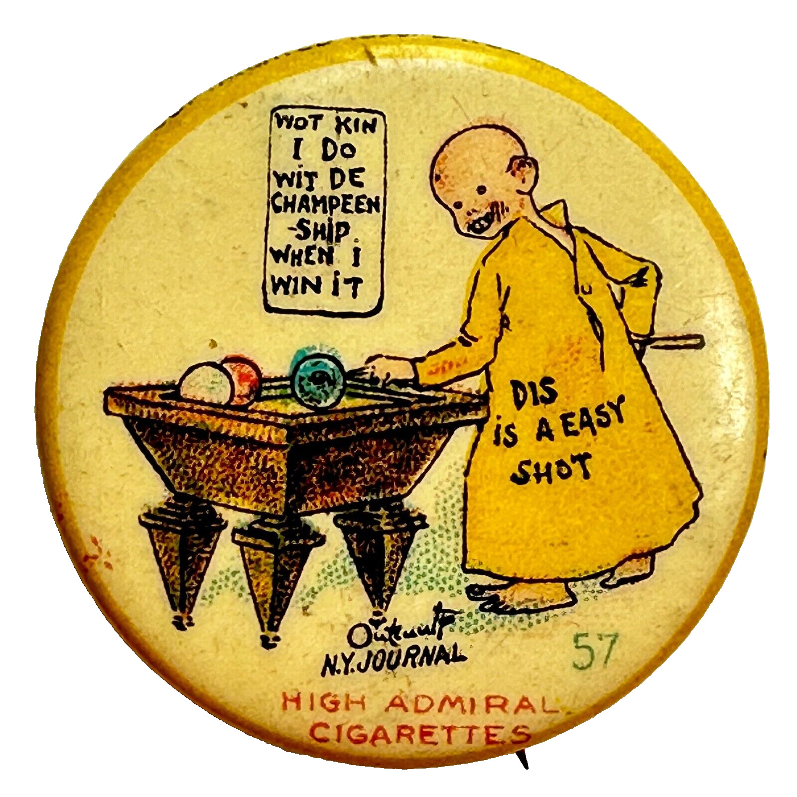 1896 High Admiral Cigarettes The Yellow Kid #57 Pin Pinback Button Ad Billiards