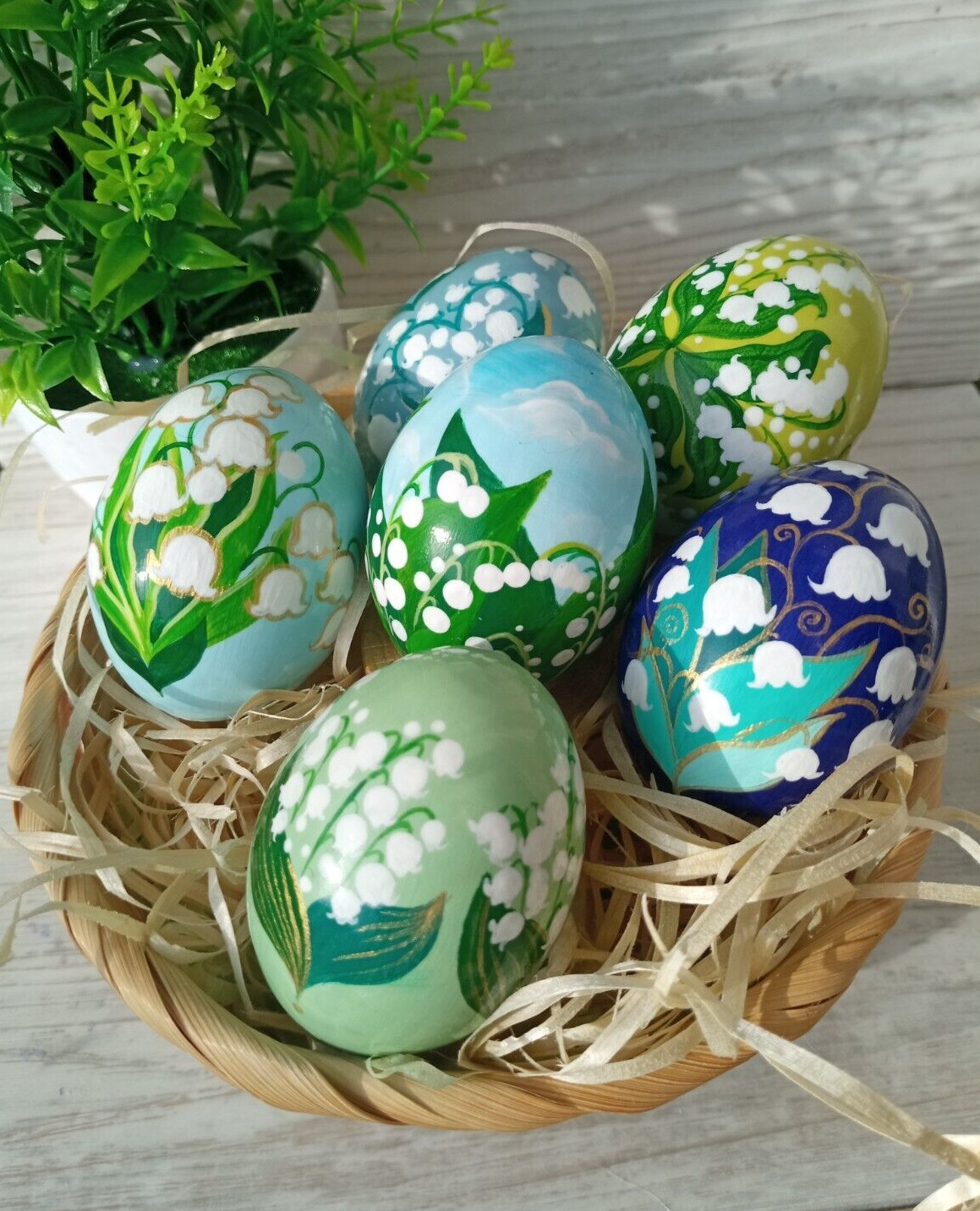 Hand Painted Wooden Easter Eggs Pysanky Ornaments Spring Decor set of 3 pcs