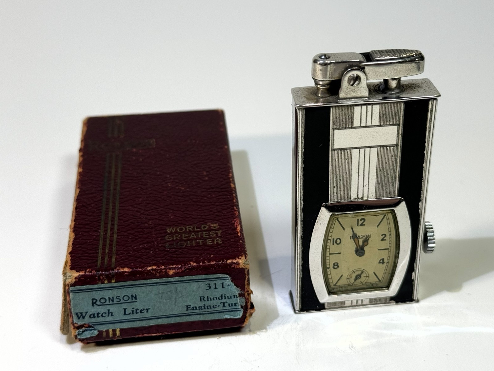 Rare 1935 art deco enamel Ronson combination watch lighter in original box Rare 1935 art deco enamel Ronson combination watch lighter in original box