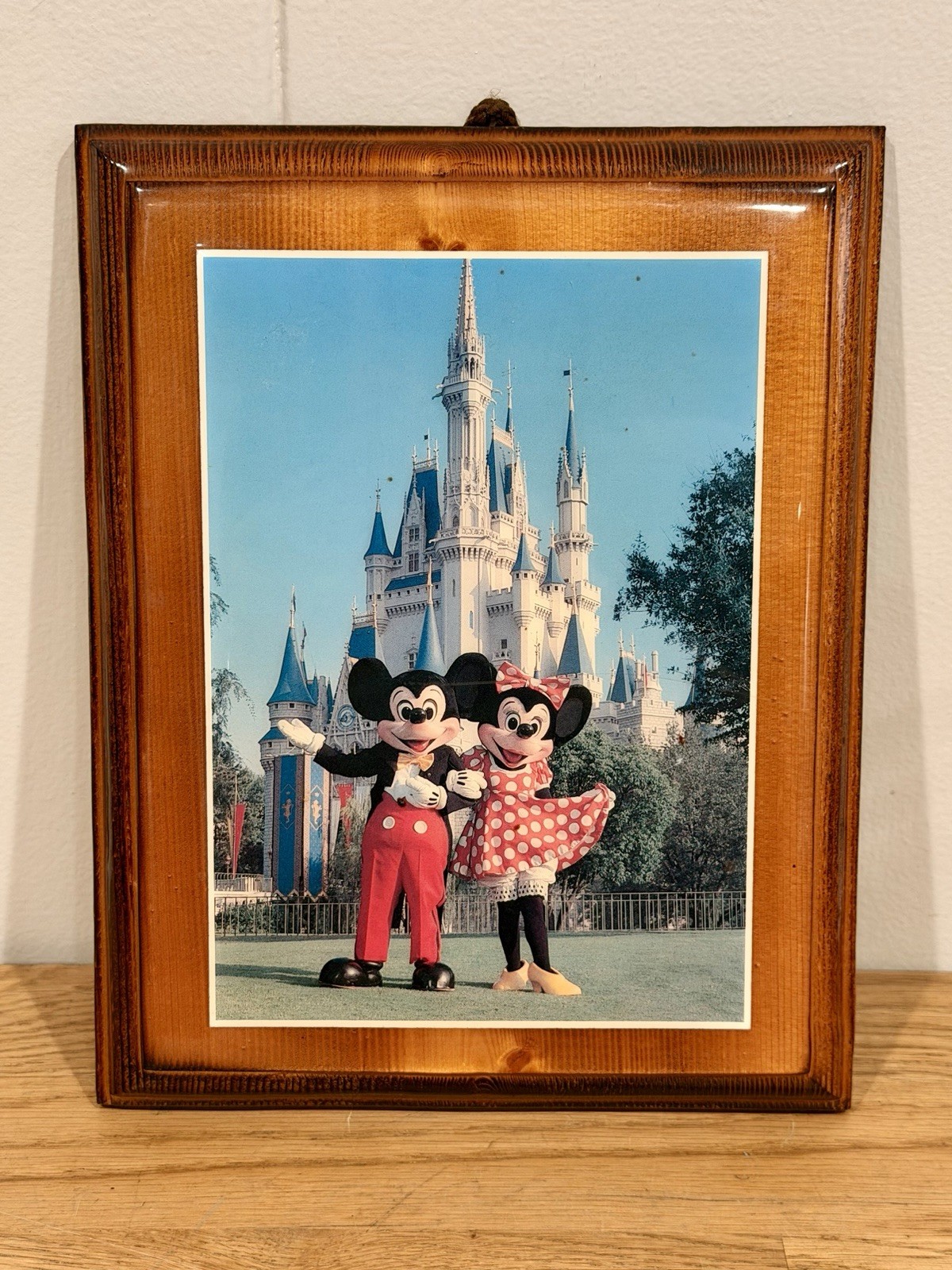 Vintage Wooden Varnished Disneyland Mickey & Mouse Minnie Photo - 