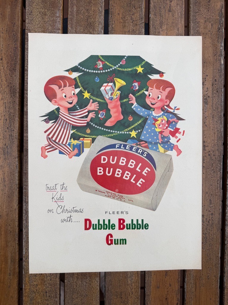 Vintage Fleer Dubble Bubble Budweiser Clydesdales Christmas Print Ad 2 Sided Mod