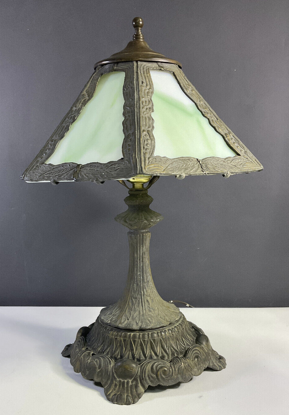 Green Slag Glass Table Lamp by EF & EF Industries Vintage 1972