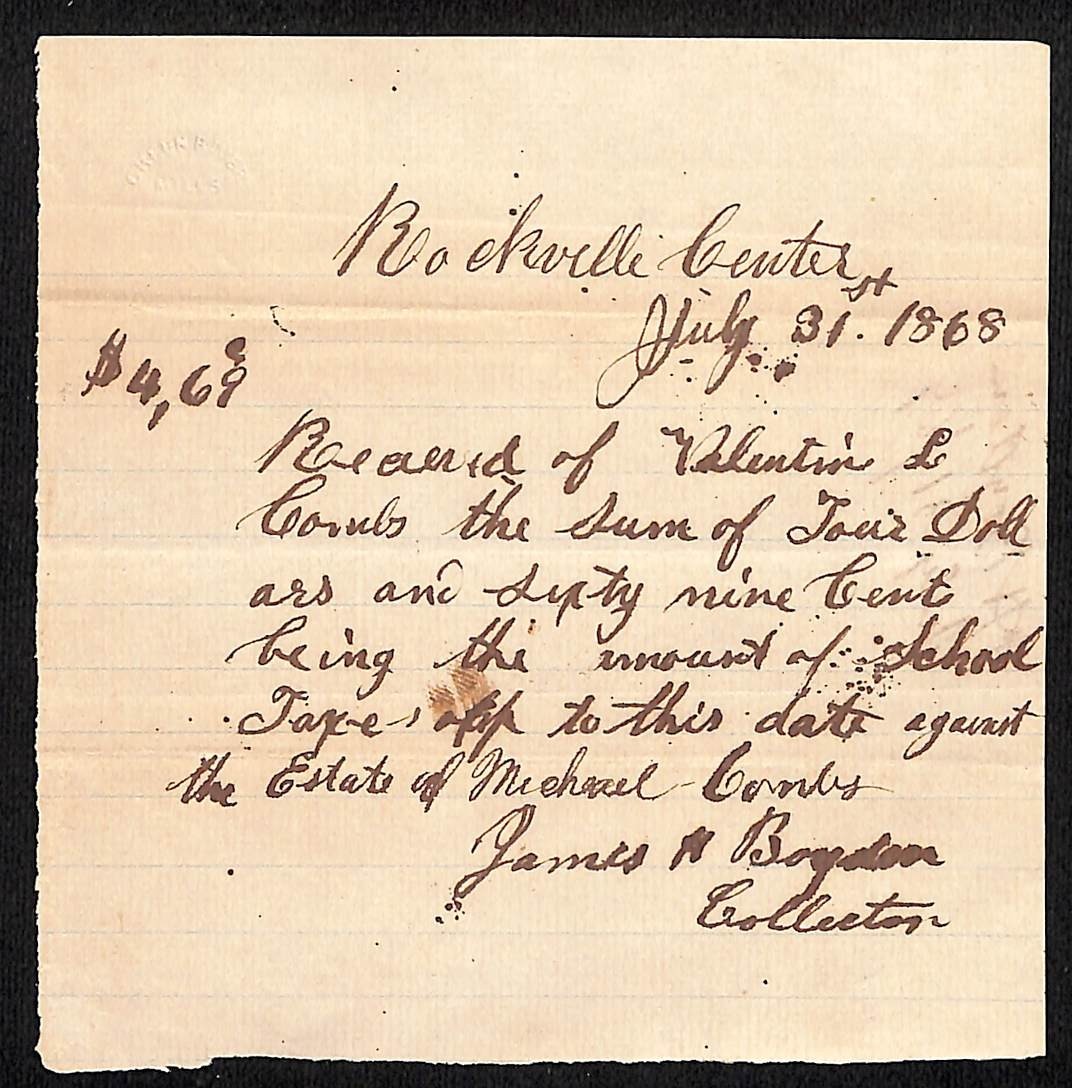 1868 Rockville Centre School Taxes Receipt - Michael Combs Estate