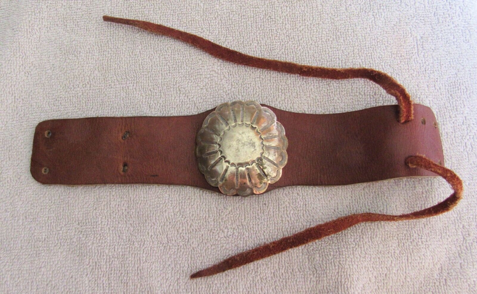 Navajo Indian Copper Silver Fred Harvey Die Stamped Concho & Leather Bracelet