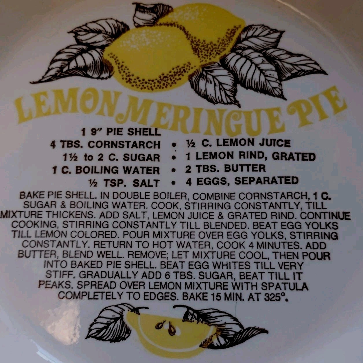 Vtg Country Harvest Lemon Meringue Pie Recipe Plate USA Bake Ceramic NWOB 