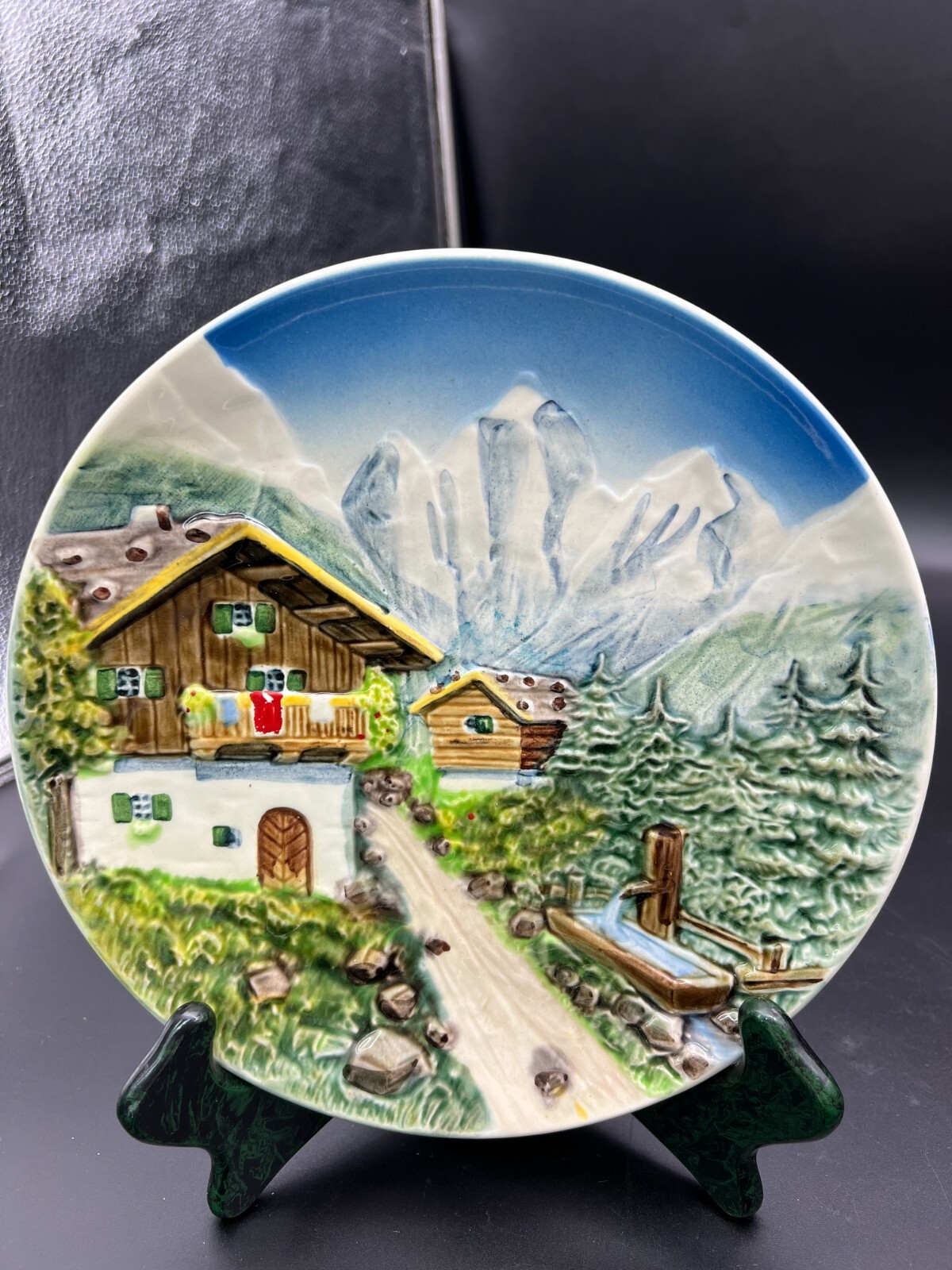 West Germany Majolica Bas Relief Plate-House at Base of Mountains