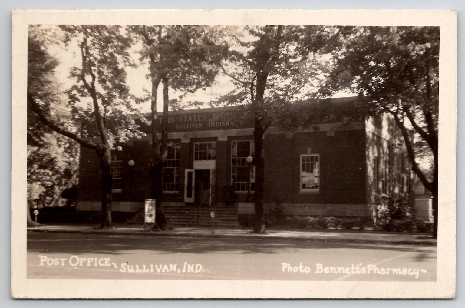 RPPC Sullivan Indiana Post Office 1944 Bennett\'s Pharmacy Real Photo Postcard RPPC Sullivan Indiana Post Office 1944 Bennett\'s Pharmacy Real Photo Postcard
