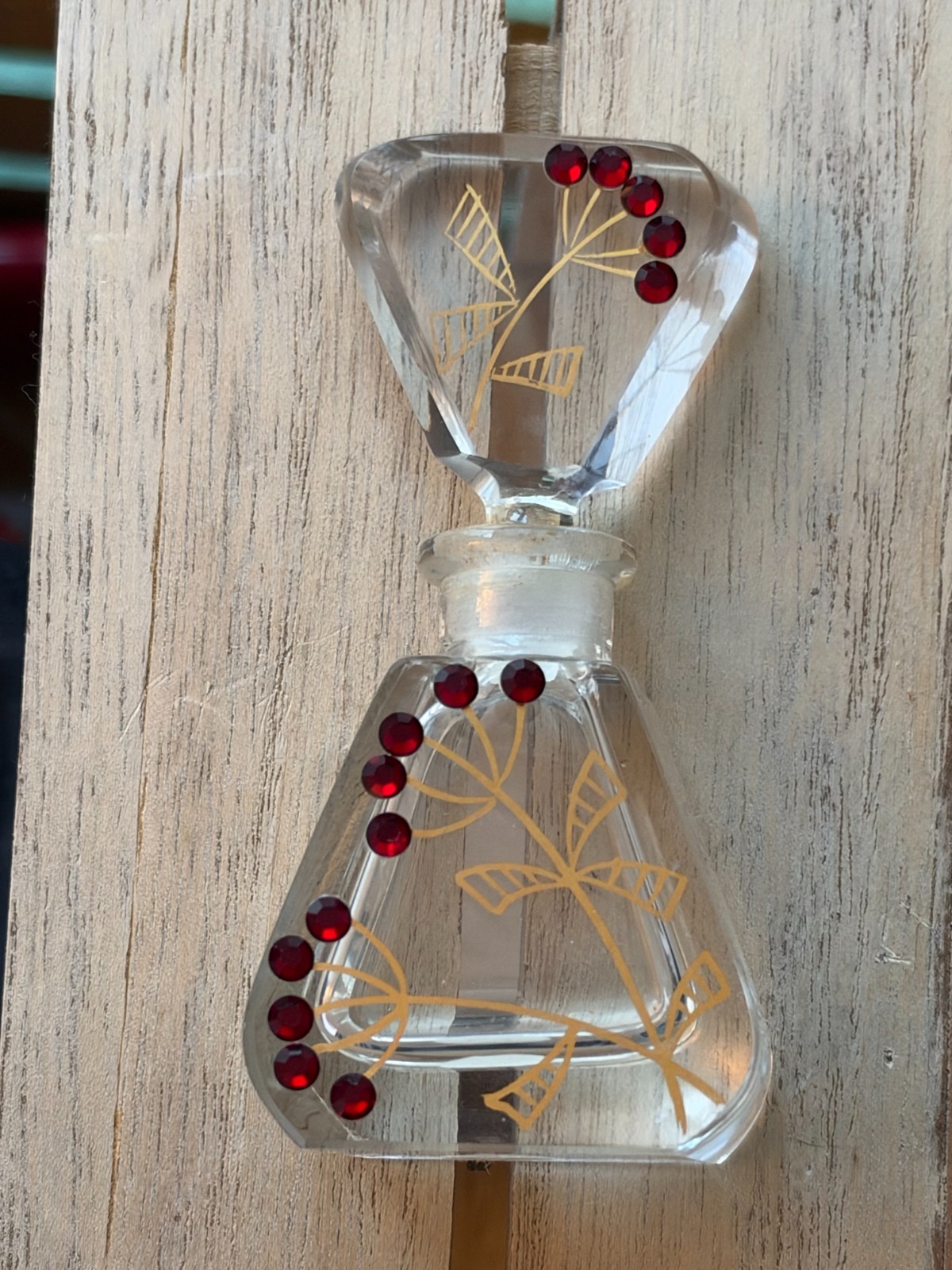 Vintage Art Deco Karl Palda Style Czech Perfume Bottle Gold Design w/Red Stones