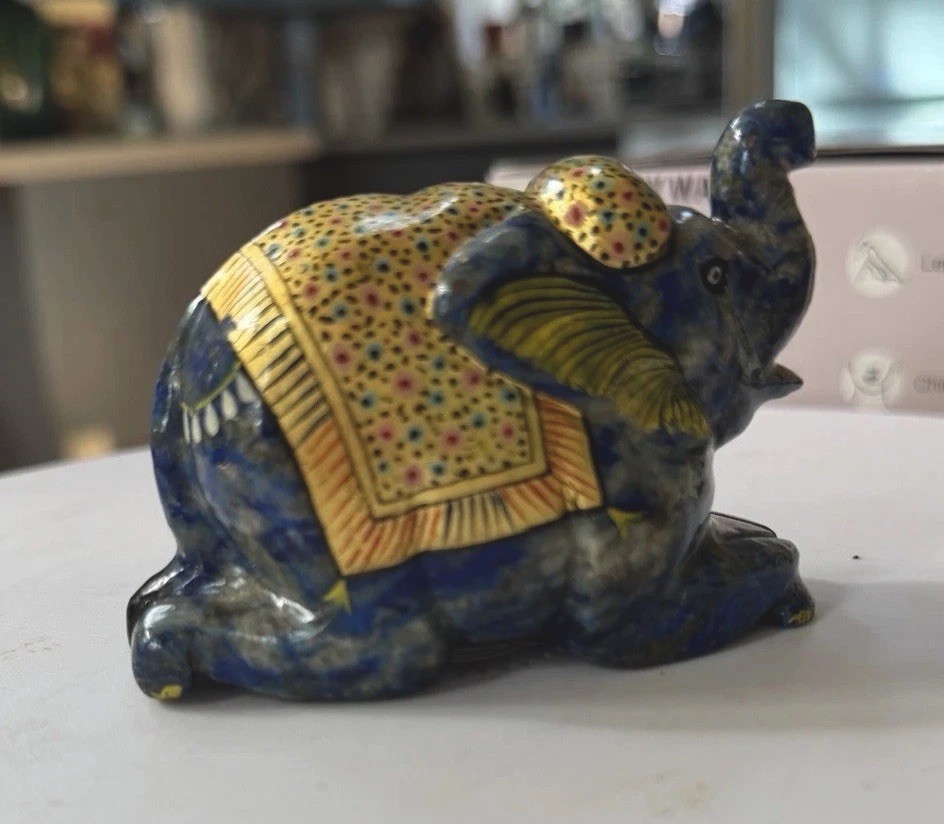 Vintage Hand Carved Lapis Lazuli Elephant Figurine Painted Gold Details 3