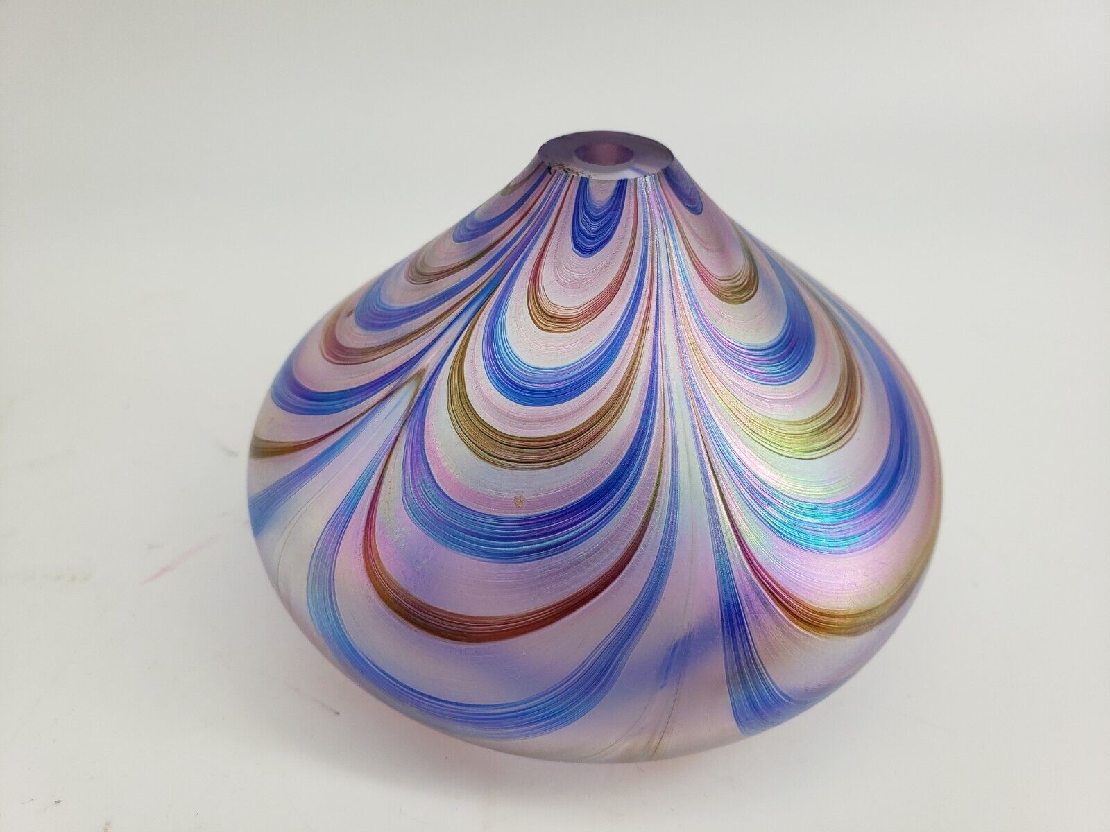 Oil Lamp Vase Hand Blown Glass, Pulled Feather Design, Iridescent, 4in round