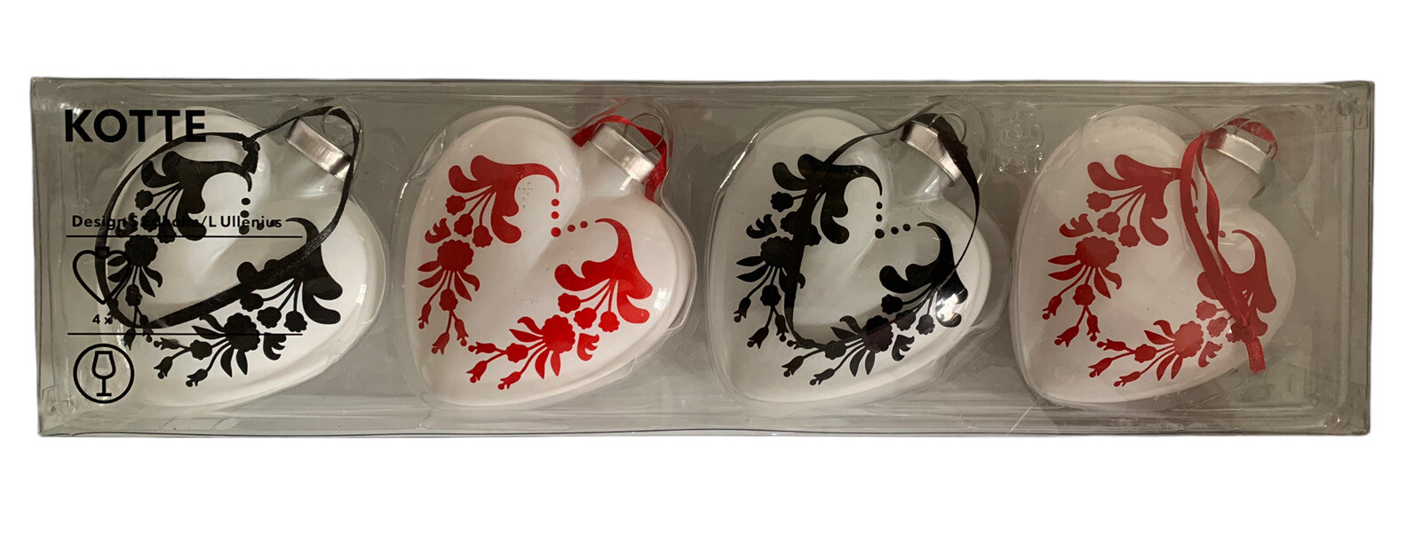 IKEA KOTTE Acrylic Heart Christmas Ornaments Set of 4 Red Black Scandinavian