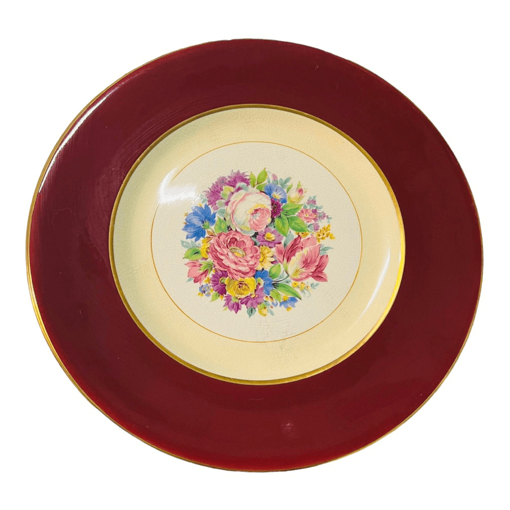 soho pottery ambassador ware england dinner plates maroon floral have crazing (4