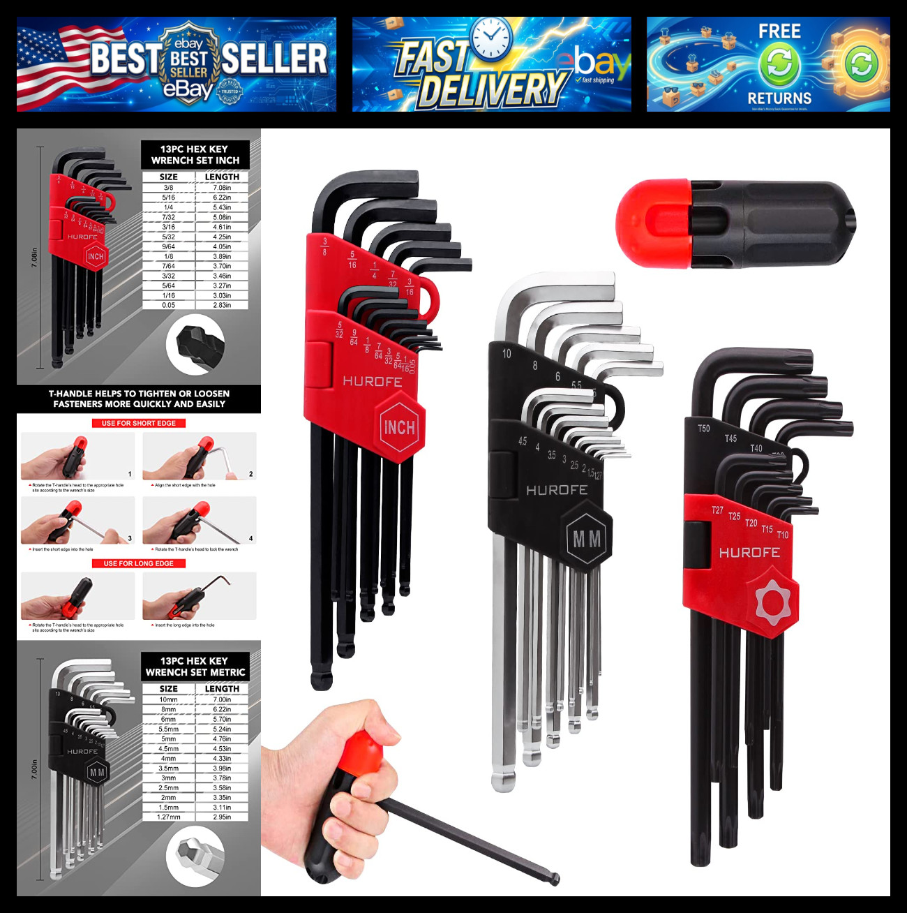 Hex Key Allen Wrench Set, 35-Piece Long Arm Inch/Metric/Torx Ball End with T-Han