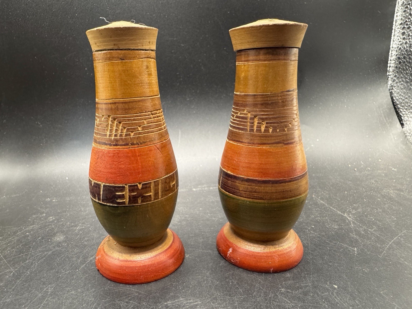 Vintage Hand Painted Mexico Wooden Salt & Pepper Shakers – Folk Art Set