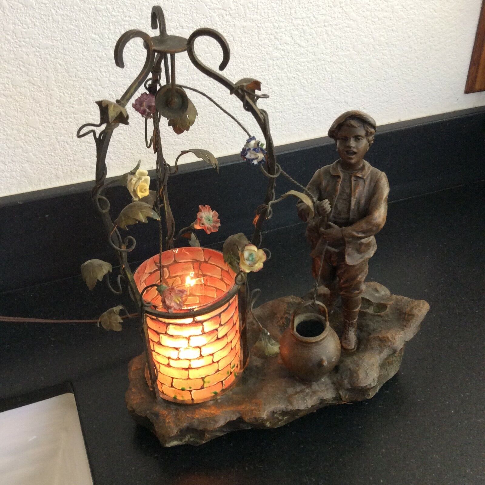 ABSOLUTELY BEAUTIFUL BRONZE SPELTER VINTAGE LAMP-BOY &  A WISHING WELL - SIGNED 