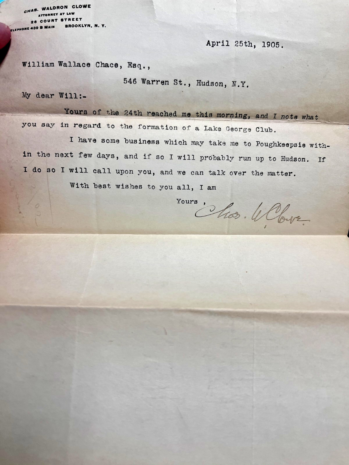 1905 Charles Waldron Clowe William Wallace Chase Formation of Lake George Club