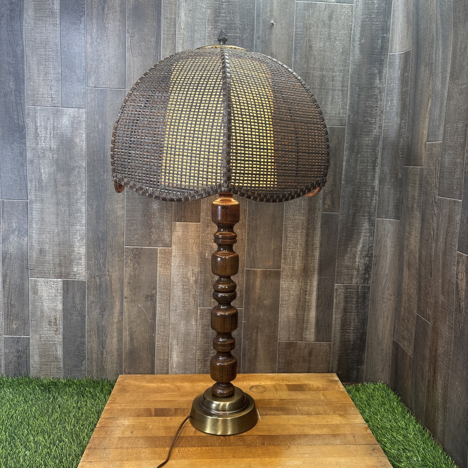 Vintage 1970s Wicker Rattan Dome Shade Wood Brass Table Lamp MCM Boho Retro