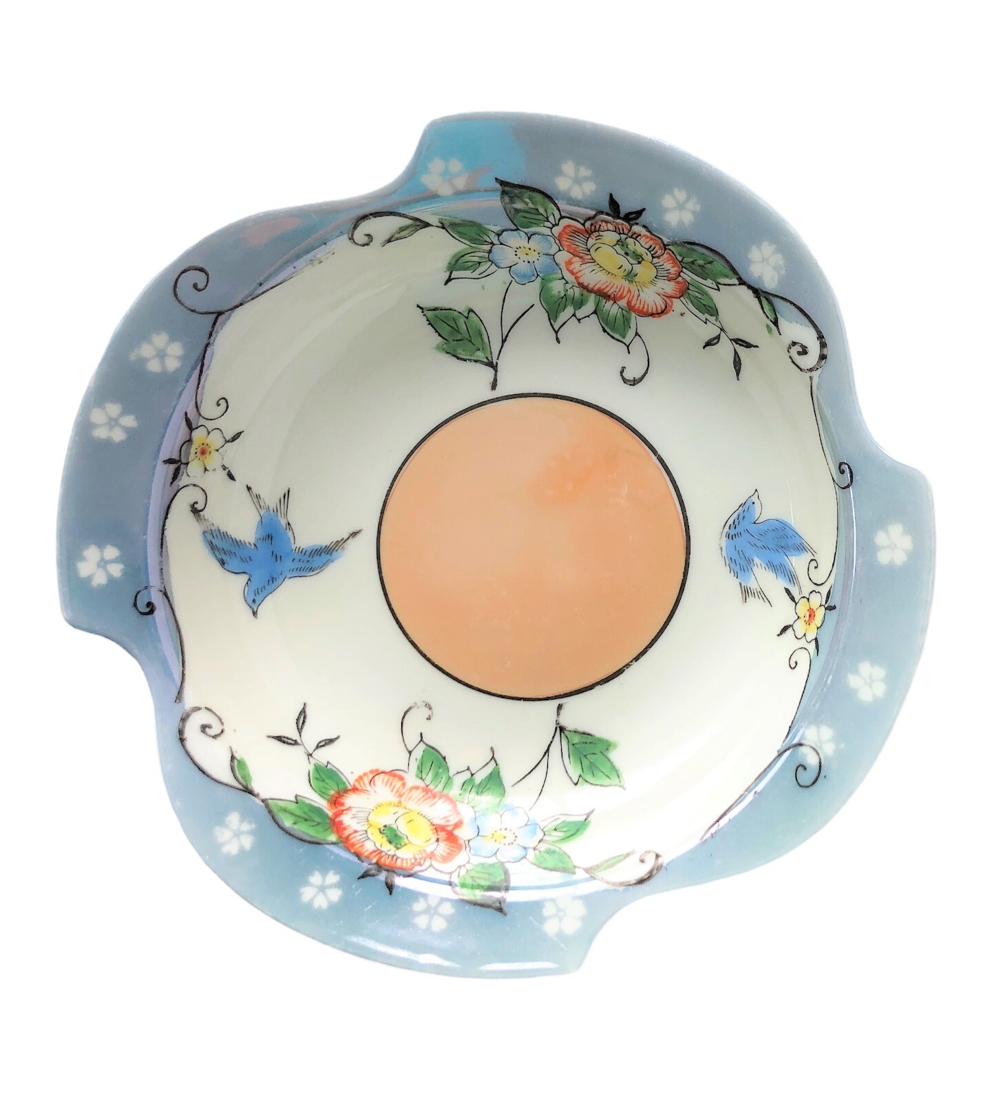 Vintage Blue Rim Lusterware Bowl Birds Floral Flowers Golden Circle Center Japan