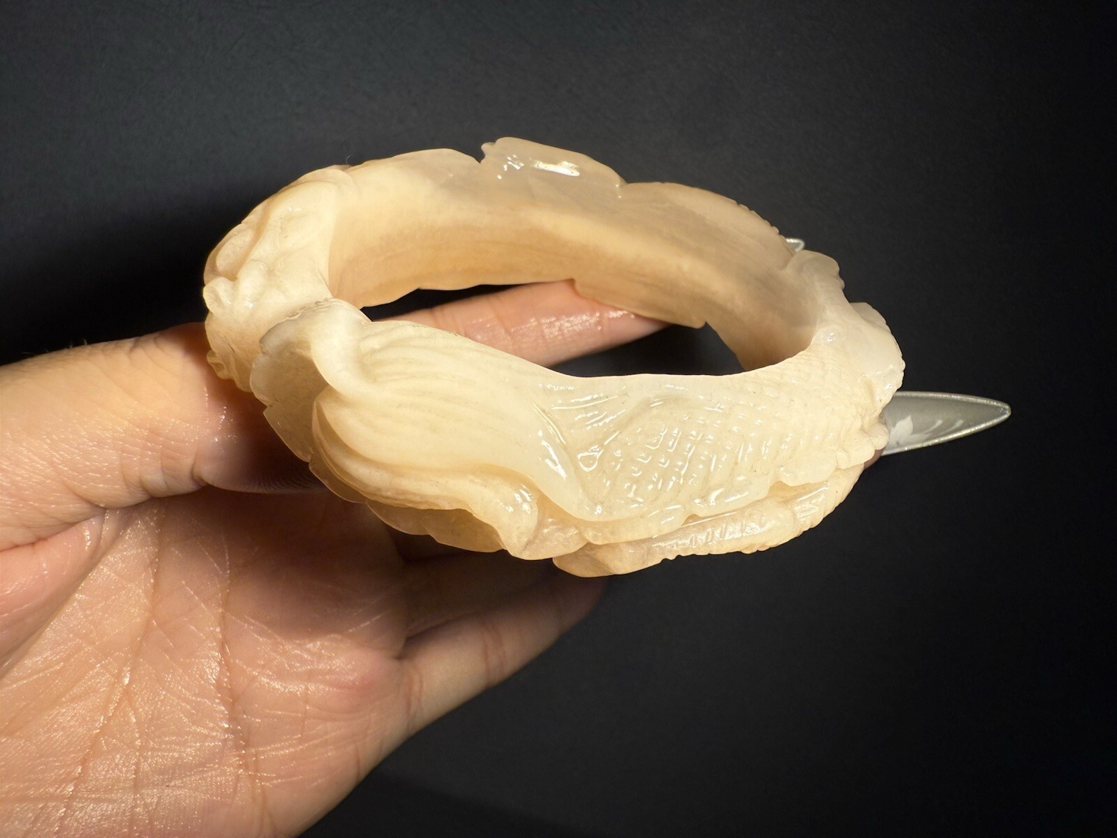 58mm Rare Pink Natural Mongolian Jade Bangle/Shetei Cui/Hand Carved Dragon