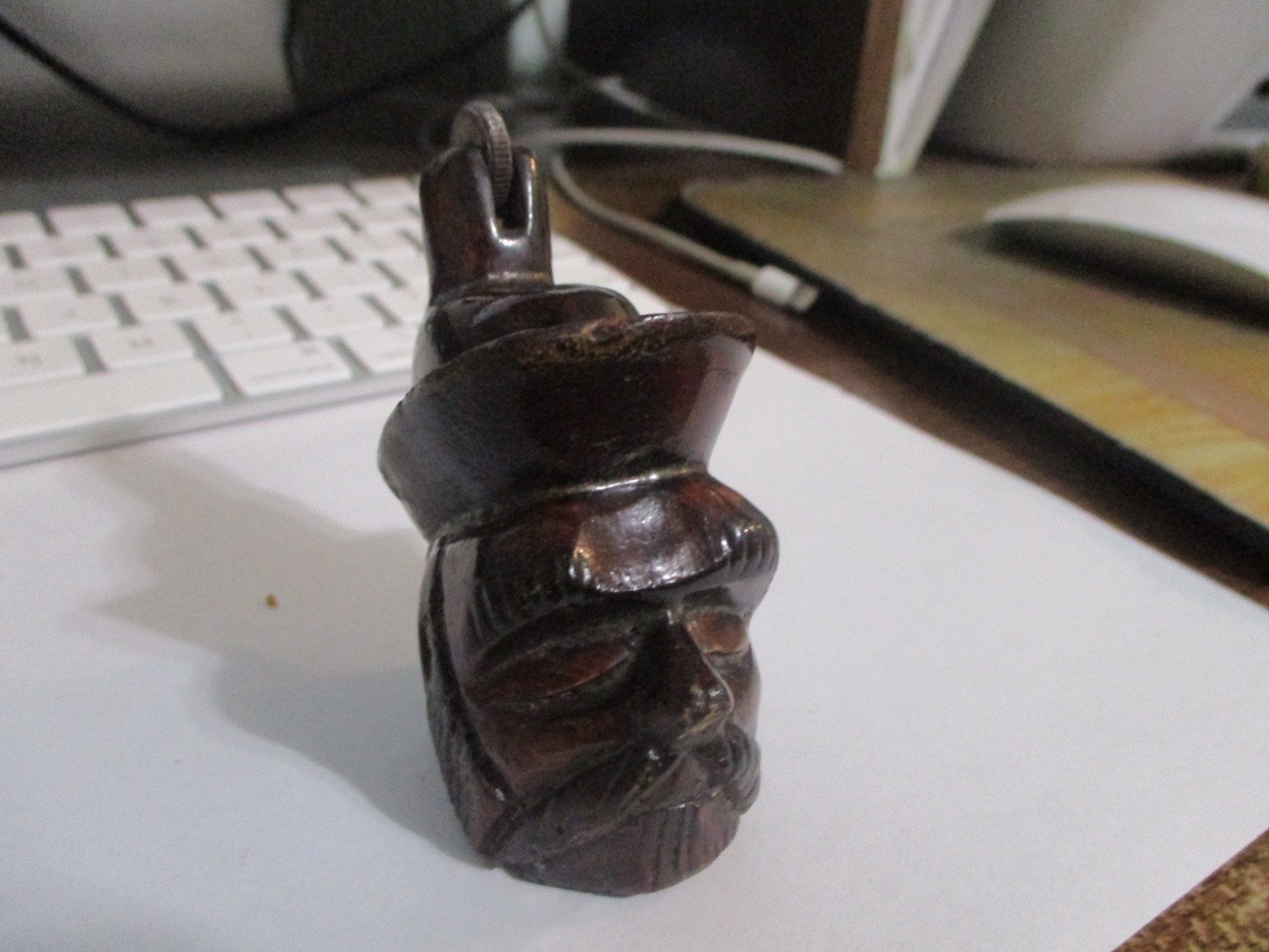 RARE HAND CARVED WOOD FIGURAL  MAN WITH HAT TOBACCO LIGHTER. NOT WORKING. VGC