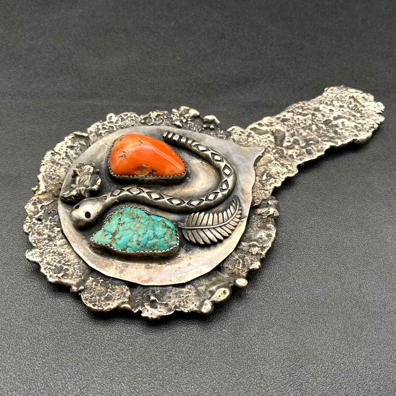Vintage Alberto Contreras Turquoise Coral Sterling Silver Snake Hand Mirror