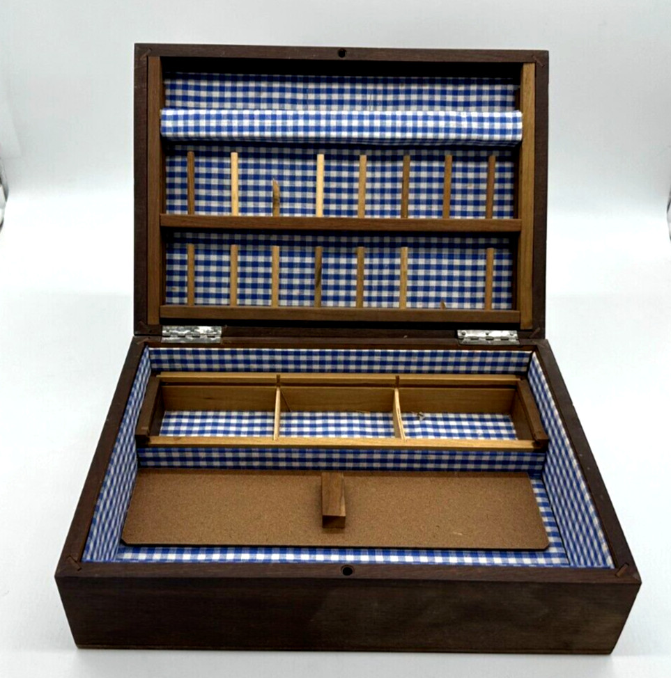 VTG Handcrafted Wood Sewing Box Hand Painted Mushrooms - Pincushion, Inner box