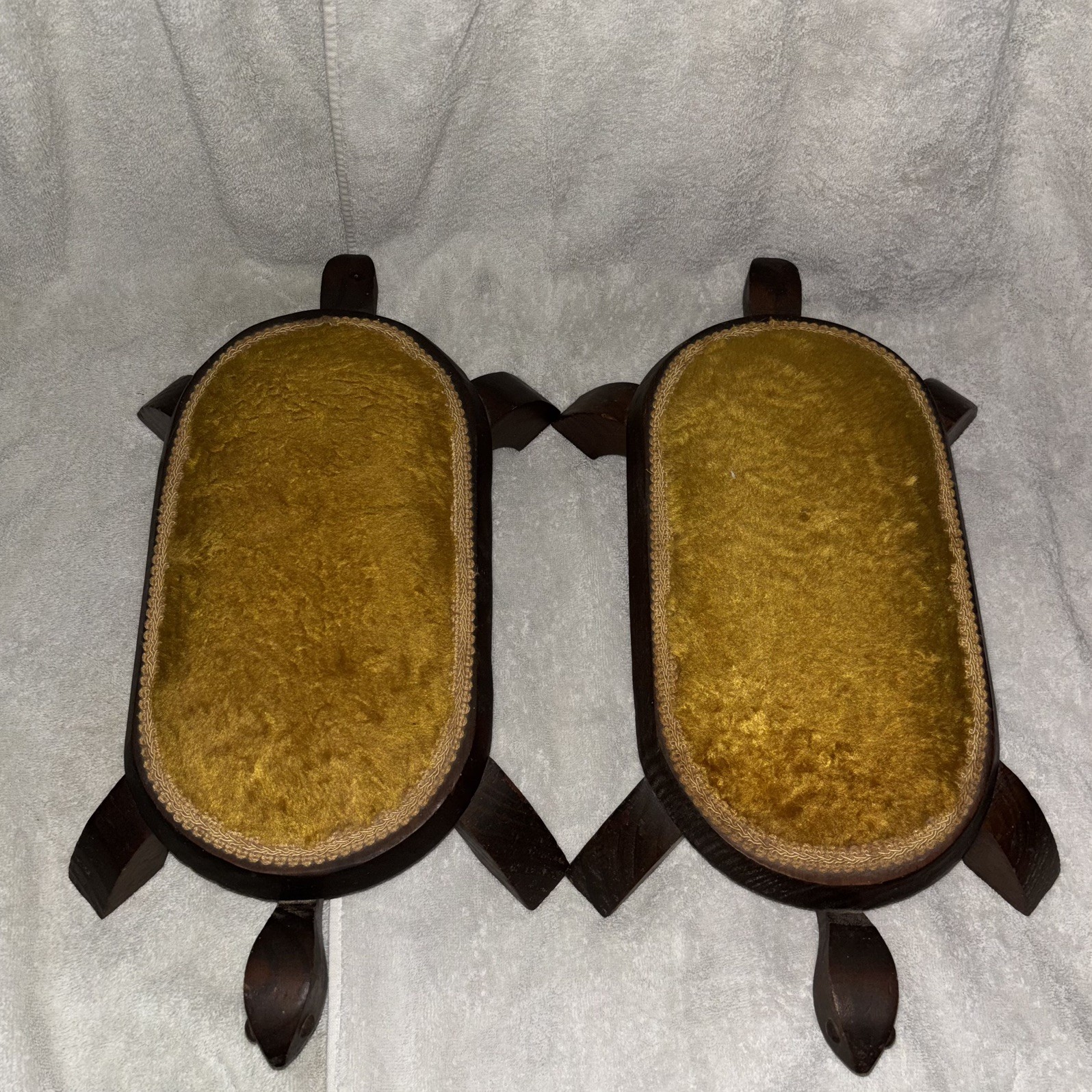 2 MCM Vintage Wooden Turtle Footstools/Pincushion Upholstered Gold Velvet 19” 