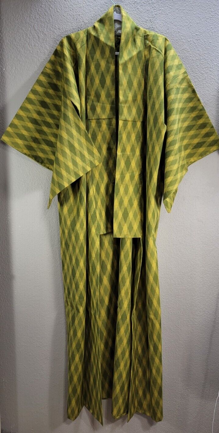 Vtg Women's Japanese Handmade Kimono No Belt Green Yellow Geometric One Size