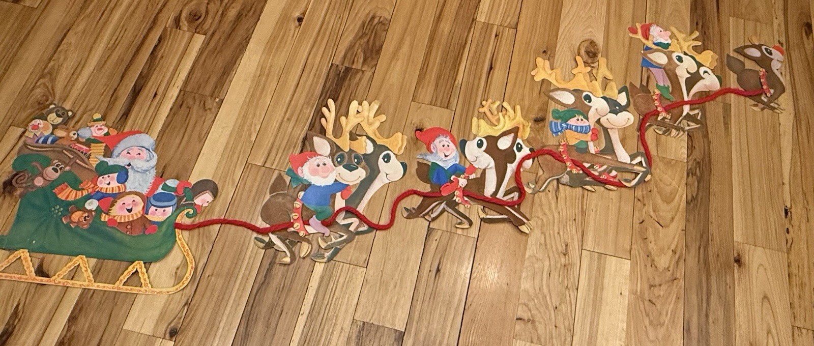 Vtg 1970s Flocked Cardboard Die Cut Santa Elves Reindeer Christmas 6 Pc *Rare *