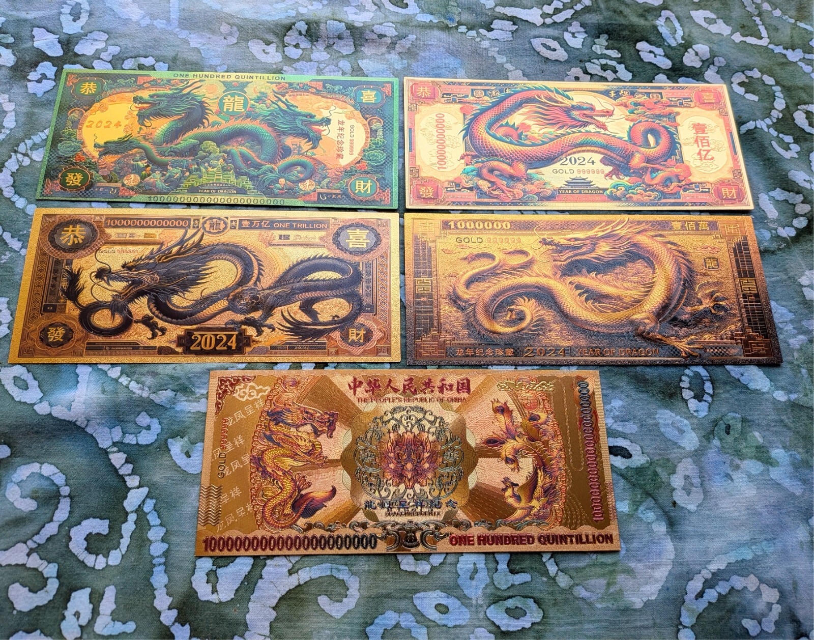5pc 24k Gold Foil Plated Chinese Lucky Year of the Dragon Collectable Note Set