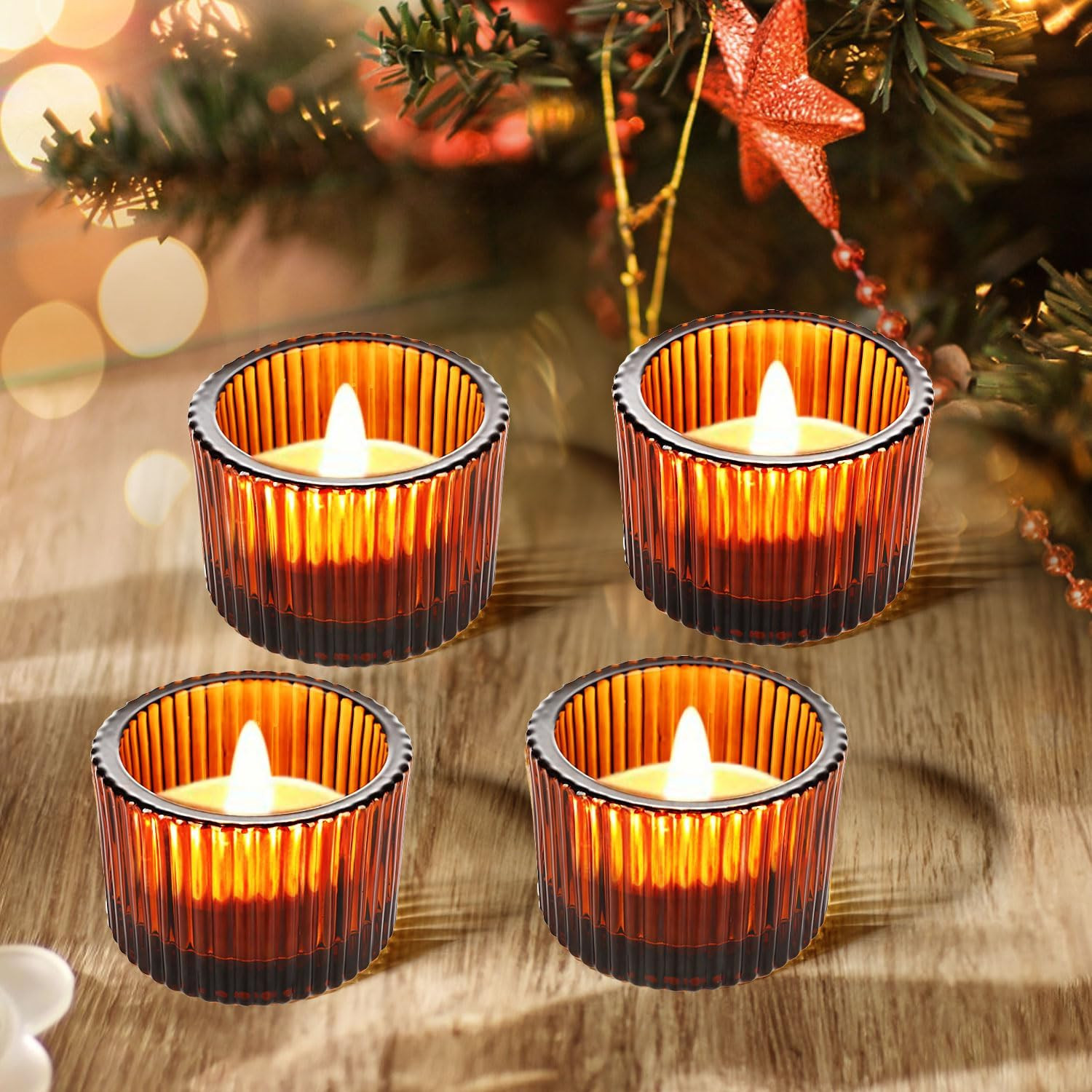 Amber Votive Candle Holders, 4 Pack Glass Tealight Cups